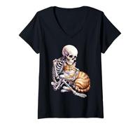 Femme Skeleton Hugging Cat Cute Halloween Graphic T-Shirt avec Col en V