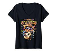 Femme Skeleton Mexican Skull Fiesta Sombreros Mariachi Guitar T-Shirt avec Col en V
