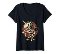 Femme Skeleton Unicorn Retro Cartoon in Dark Fantasy Style T-Shirt avec Col en V