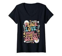 Femme Ski de fond hippie rétro années 70 Peace Love T-Shirt avec Col en V