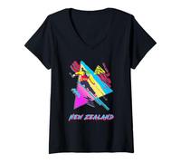 Femme Skieur de Ski Style rétro Aventure Nouvelle-Zélande T-Shirt avec Col en V