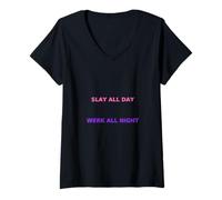 Femme Slay All Day Werk The Night Drôle Drag Queen Meme T-Shirt avec Col en V