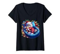 Femme Sleepy Winter Cat in Xmas Kitten Bed with Christmas Lights T-Shirt avec Col en V