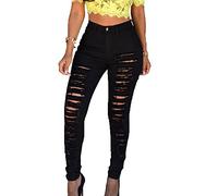 Femme Slim Jeans Déchirés Trous À Taille Haute en Denim Pantalons Skinny Crayon Pantalon Noir XL