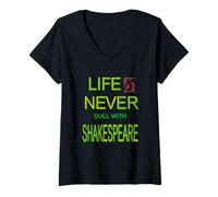 Femme Slogan humoristique « Distressed Life Never Dull Shakespeare » T-Shirt avec Col en V