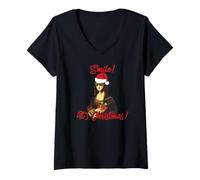 Femme Smile ! It's Christmas Chapeau de Père Noël Mona Lisa T-Shirt avec Col en V