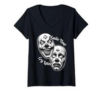 Femme Smile Now Cry Later Chicano Clown Masque de théâtre Laugh T-Shirt avec Col en V