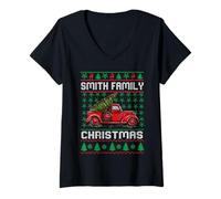 Femme Smith Family Ugly Christmas Sweater Red Truck Funny Xmas T-Shirt avec Col en V
