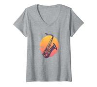 Femme Smooth Jazz Sunset - Silhouette Saxophone sur Coucher de Soleil T-Shirt avec Col en V