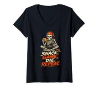 Femme Snack Game Die Repeat - Halloween Squelette Gaming Gamer T-Shirt avec Col en V