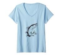 Femme #snirt T-Shirt avec Motif Saumon de mer, Truite, pêcheur T-Shirt avec Col en V