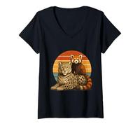 Femme Snow Leopard Red Panda Retro Sunset Wildlife Paire T-Shirt avec Col en V