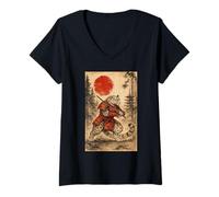 Femme Snow Leopard Samurai Warrior Japanese Vintage Graphic Humor T-Shirt avec Col en V