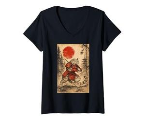 Femme Snow Leopard Samurai Warrior Japanese Vintage Graphic Humor T-Shirt avec Col en V