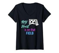 Femme Soccer Mom Mama Heart is on That Field Game Day Player Gift T-Shirt avec Col en V