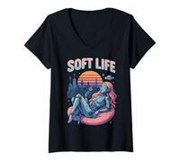 Femme Soft Life Robot Girl Retrofuture City Retro Y2K Esthétique T-Shirt avec Col en V