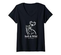 Femme Soft & Wild Cat with Dandelion Birthday Graphic T-Shirt avec Col en V