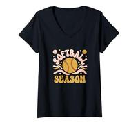 Femme Softball Saison Rétro Vintage Sports Softball Mom T-Shirt avec Col en V