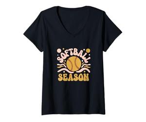 Femme Softball Saison Rétro Vintage Sports Softball Mom T-Shirt avec Col en V