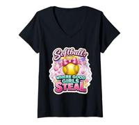 Femme Softball Where Good Girls Steal Funny Player Cute Citation Joke T-Shirt avec Col en V