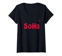 Femme Soho Typographie Artwork - New York City - Londres - Exclusif T-Shirt avec Col en V