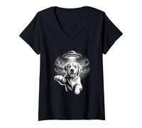 Femme Soirée Chien UFO avec Vaisseau Spatial Extraterrestre Golden Retriever T-Shirt avec Col en V
