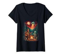Femme Soirée Musicale Bigfoot Alien UFO Campfire Forest T-Shirt avec Col en V