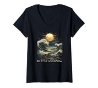 Femme Sois calme et connais la foi biblique Christian Blue Wave Full Moon T-Shirt avec Col en V