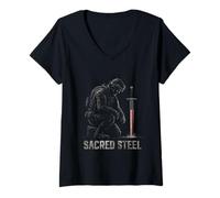 Femme Soldat Patriotique Drapeau américain vétérans Militaire Graphique T-Shirt avec Col en V