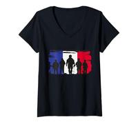 Femme Soldats et Drapeau Français Idée-Cadeau Ancien Militaire T-Shirt avec Col en V