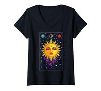 Femme Soleil céleste endormi Visage Lune étoiles mystiques T-Shirt avec Col en V