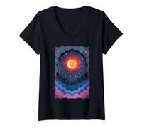 Femme Soleil Lune Étoiles Nuit Nuages Doux Céleste Cosmos Ciel T-Shirt avec Col en V