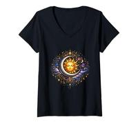 Femme Soleil, Lune, Harmonie, Corps céleste, Voyage Spirituel Magique T-Shirt avec Col en V
