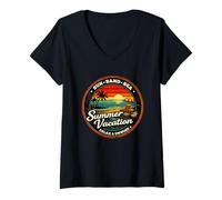 Femme Soleil Sable Mer Vacances Été Détente Détente Rétro Coucher de Soleil T-Shirt avec Col en V