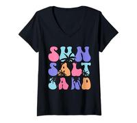 Femme Soleil Sel Sable Plage Cocotier Vacances d'été T-Shirt avec Col en V