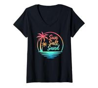 Femme Soleil - Sel - Sable - Plage - Coucher de Soleil T-Shirt avec Col en V