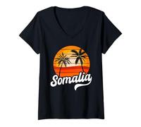 Femme Somalie Coucher de Soleil Palmiers rétro Plage T-Shirt avec Col en V