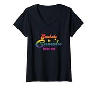 Femme Somebody in Canada Loves Me in 70s Texte Arc-en-Ciel T-Shirt avec Col en V