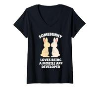 Femme Somebunny Aime être Un développeur d'applications Mobiles Lapin de Pâques T-Shirt avec Col en V