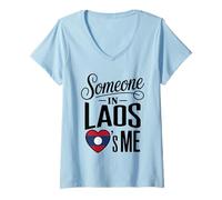 Femme Someone in Laos Loves Me Heart Flag Long Distance Family T-Shirt avec Col en V
