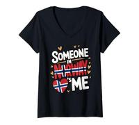 Femme Someone in Norway Loves Me Norwegian Flag Heart T-Shirt avec Col en V