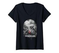 Femme Somnum Squelette Tenant Un cœur Gothique Art de la Mort T-Shirt avec Col en V
