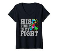 Femme Son Combat est Mon Combat Contre l'Autisme T-Shirt avec Col en V