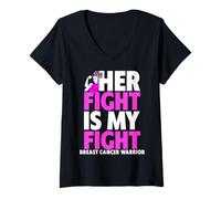 Femme Son Combat est Mon Combat Contre Le Cancer du Sein T-Shirt avec Col en V