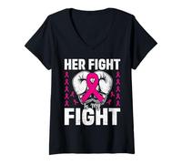 Femme Son Combat est Mon Combat Contre Le Cancer du Sein T-Shirt avec Col en V