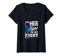 Femme Son Combat est Mon Combat Sensibilisation au Cancer de la thyroïde T-Shirt avec Col en V