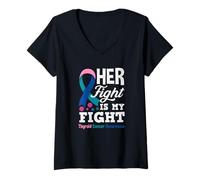 Femme Son Combat est Mon Combat Sensibilisation au Cancer de la thyroïde T-Shirt avec Col en V