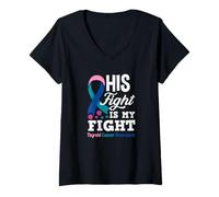 Femme Son Combat est Mon Combat Sensibilisation au Cancer de la thyroïde T-Shirt avec Col en V