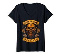 Femme Sons of Odin- Valhalla Vikings Norse Skull Beard - Mjoelnir T-Shirt avec Col en V