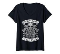 Femme Sons of Odin- Valhalla Vikings Skull Black and White - T-Shirt avec Col en V